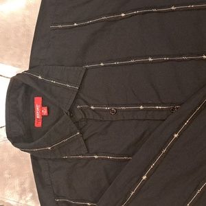Report, Size Medium, Black/Gold Embroidered, Long Sleeve Casual Shirt